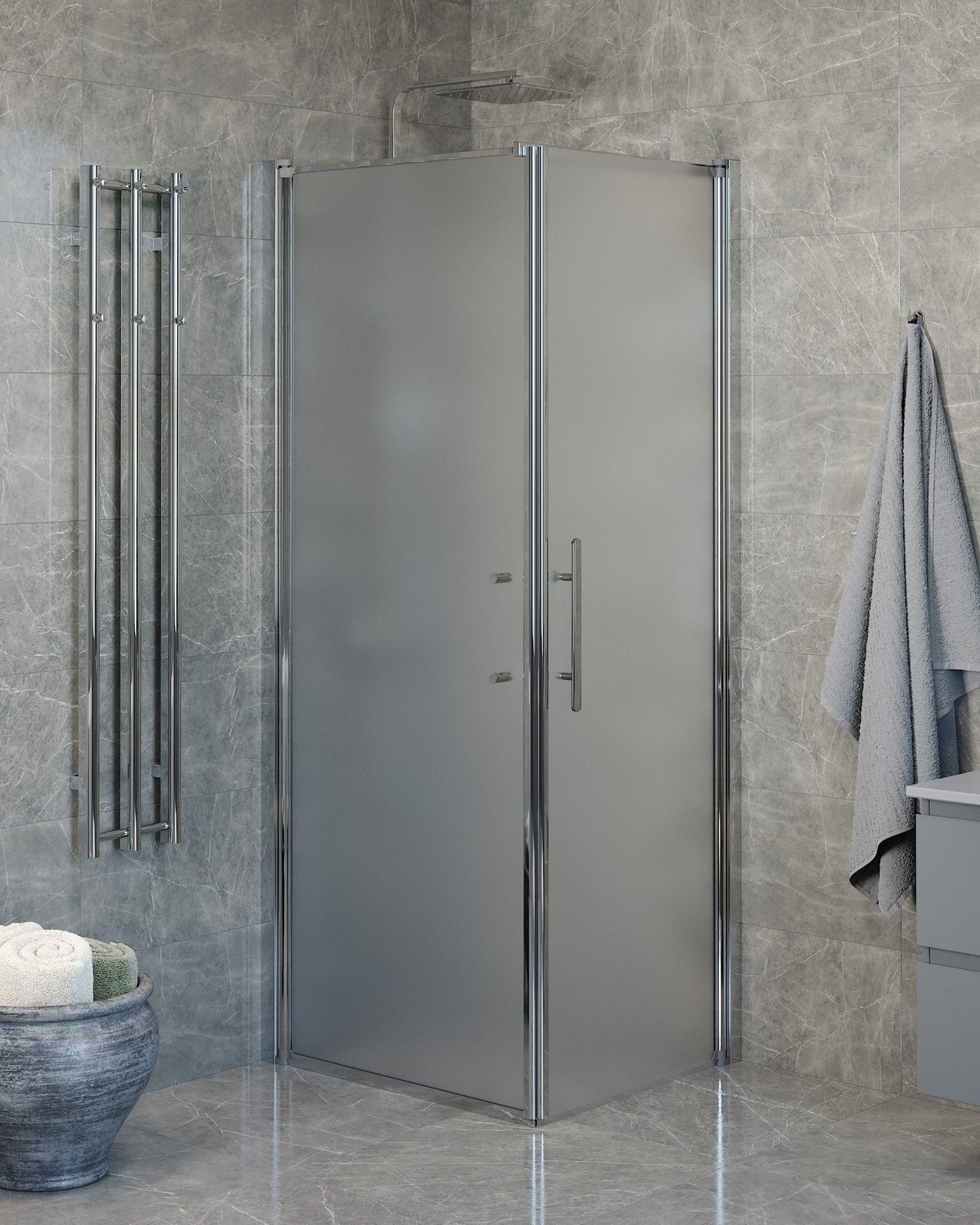 Duschhörna med fast vägg och dörr - 80x70x198 cm - 6 mm frostat nanoglas - kromprofil - Vänern