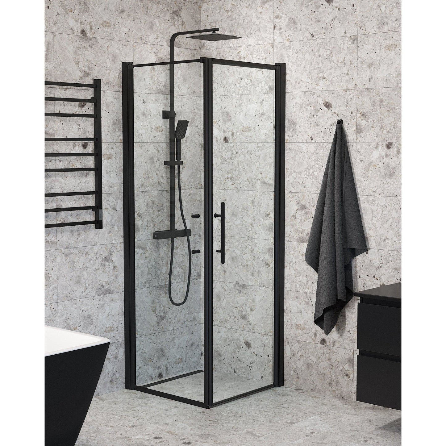 Duschhörna med fast vägg och dörr - 90x70x198 cm - 6 mm klart nanoglas - svart profil - Vänern