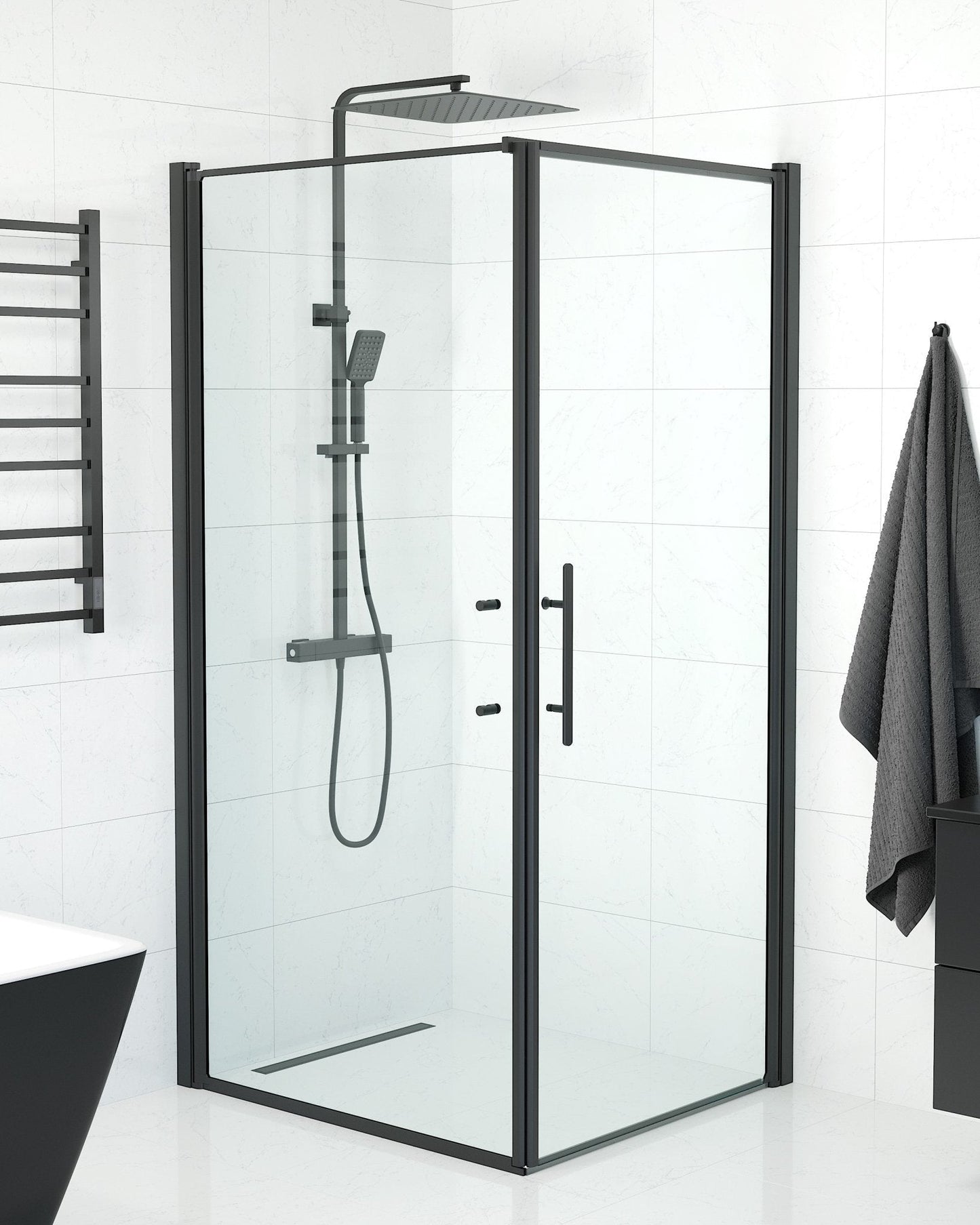 Duschhörna med fast vägg och dörr - 90x70x198 cm - 6 mm klart nanoglas - svart profil - Vänern