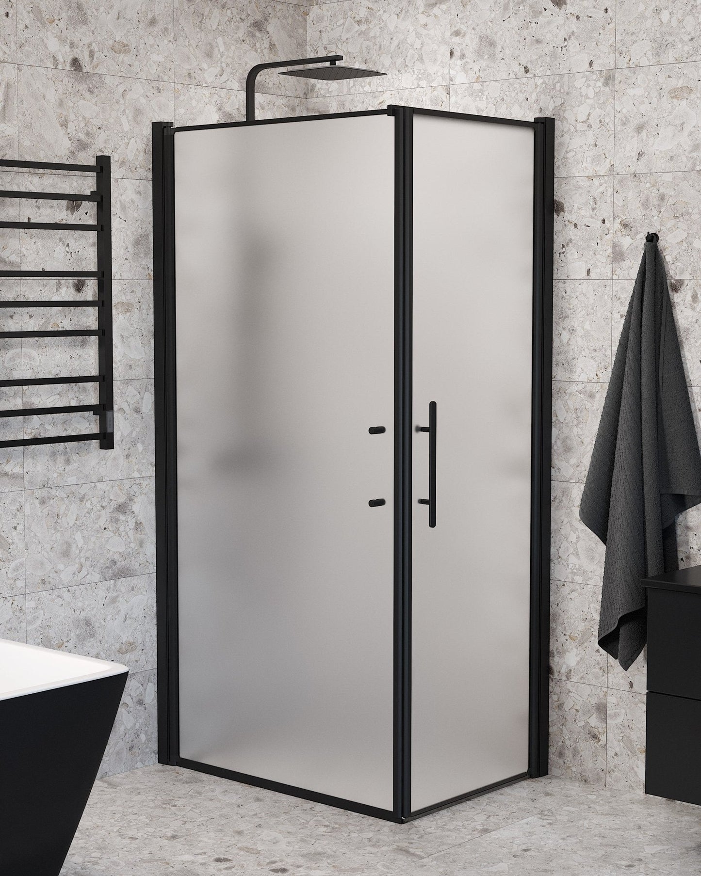 Duschhörna med fast vägg och dörr - 90x70x198 cm - 6 mm frostat nanoglas - svart profil - Vänern