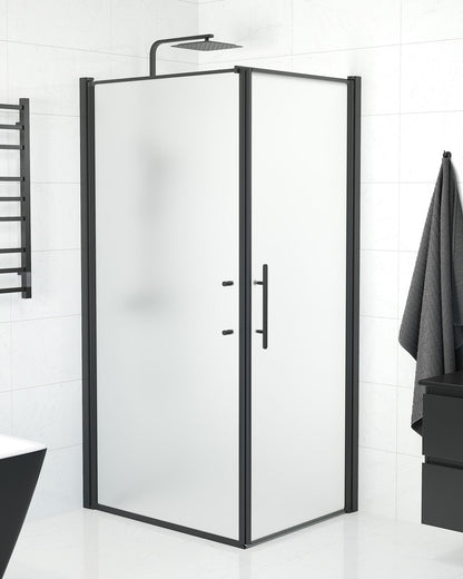 Duschhörna med fast vägg och dörr - 90x70x198 cm - 6 mm frostat nanoglas - svart profil - Vänern