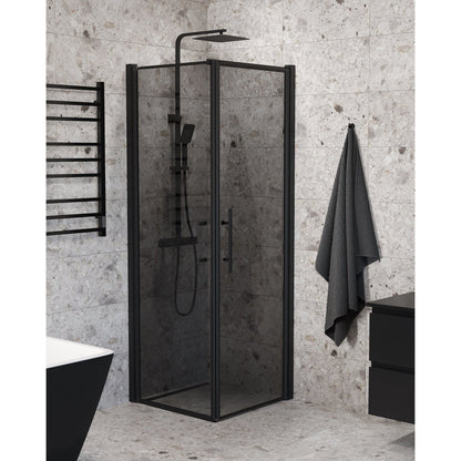 Duschhörna med fast vägg och dörr - 90x70x198 cm - 6 mm rökfärgat nanoglas - svart profil - Vänern
