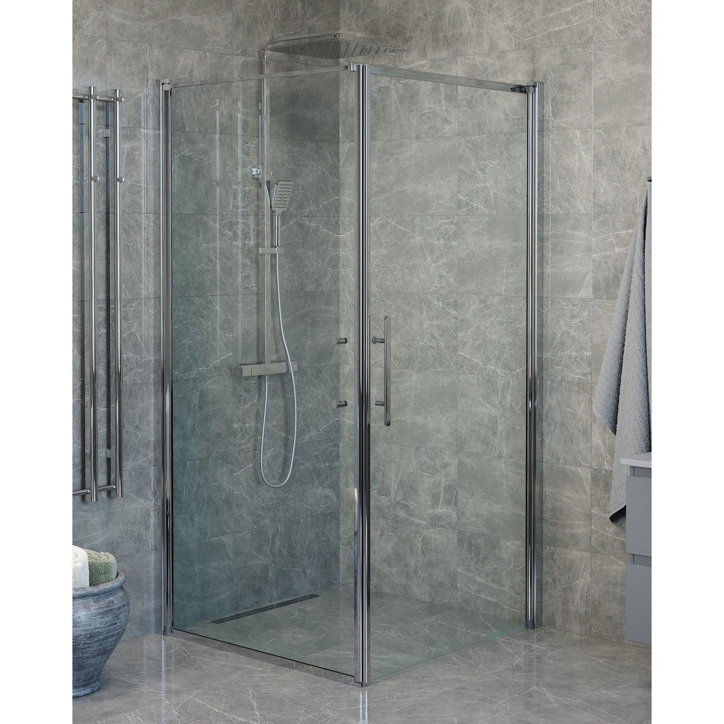 Duschhörna med fast vägg och dörr - 90x70x198 cm - 6 mm klart nanoglas - kromprofil - Vänern