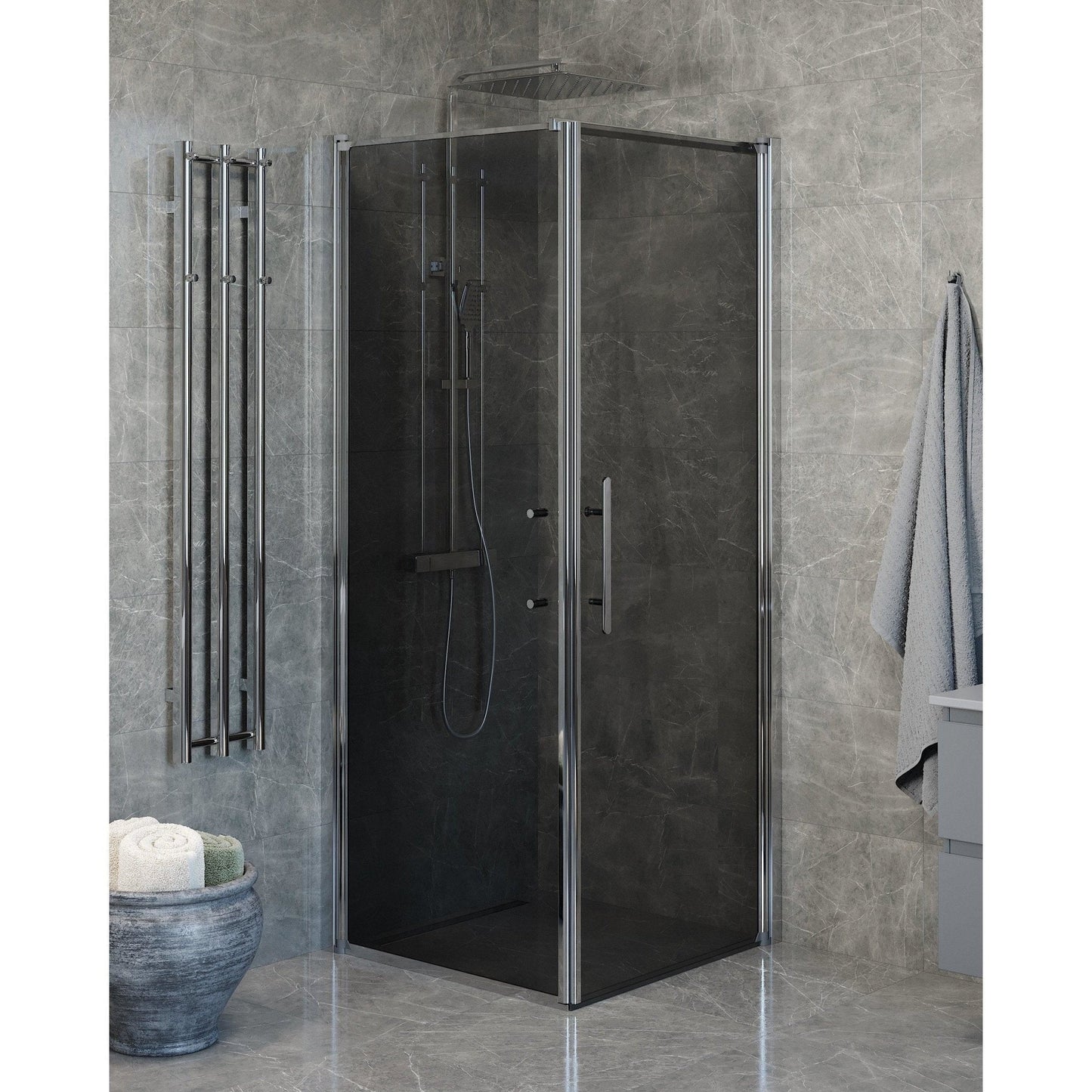 Duschhörna med fast vägg och dörr - 90x70x198 cm - 6 mm rökfärgat nanoglas - kromprofil - Vänern