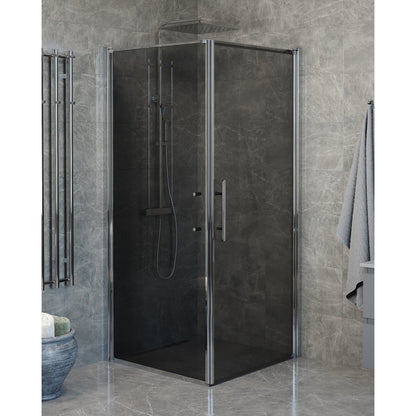 Duschhörna med fast vägg och dörr - 90x70x198 cm - 6 mm rökfärgat nanoglas - kromprofil - Vänern