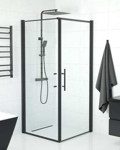 Duschhörna med fast vägg och dörr - 100x70x198 cm - 6 mm klart nanoglas - svart profil - Vänern