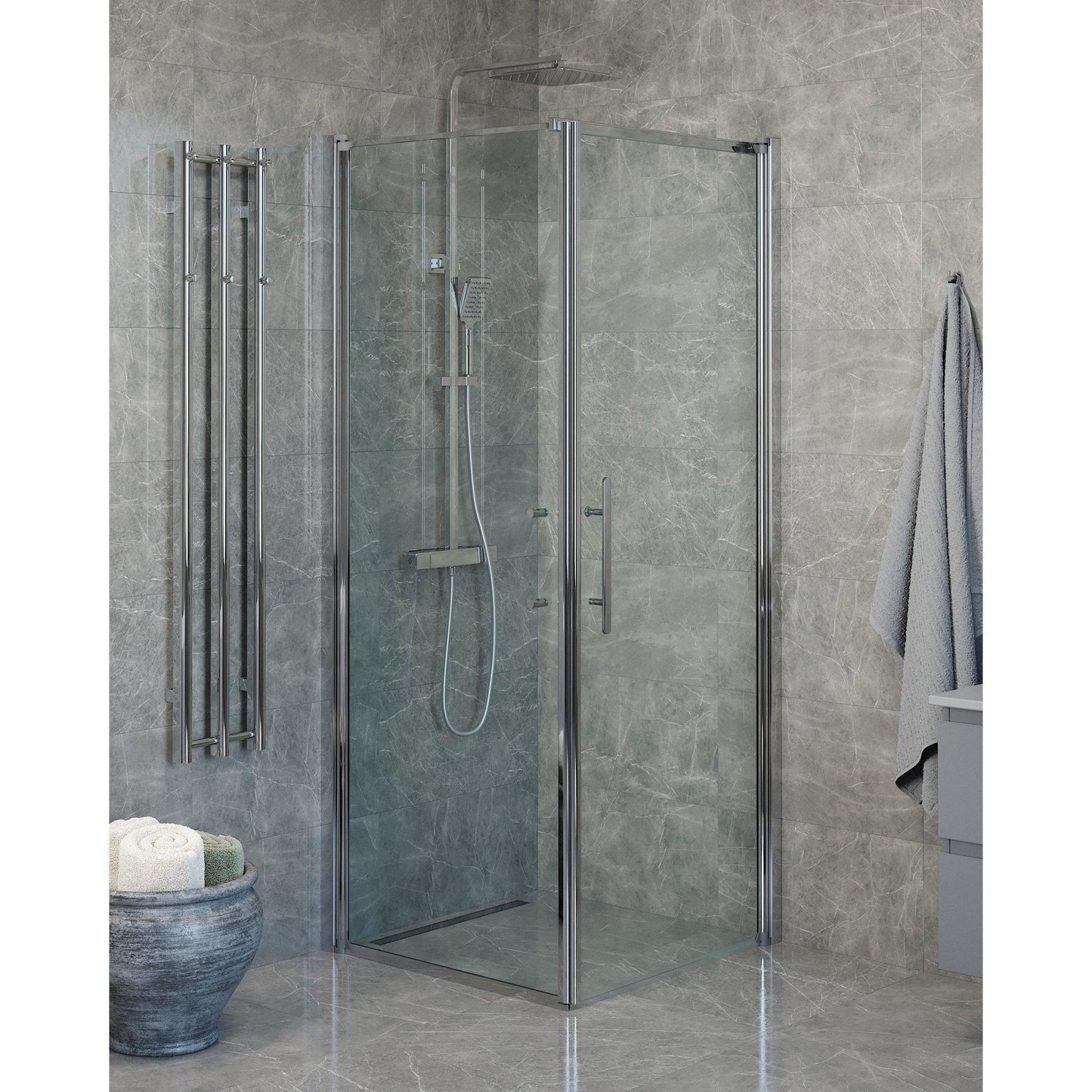 Duschhörna med fast vägg och dörr - 100x70x198 cm - 6 mm klart nanoglas - kromprofil - Vänern