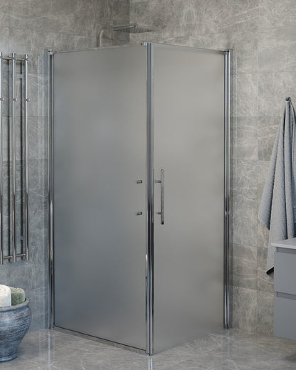 Duschhörna med fast vägg och dörr - 100x70x198 cm - 6 mm frostat nanoglas - kromprofil - Vänern