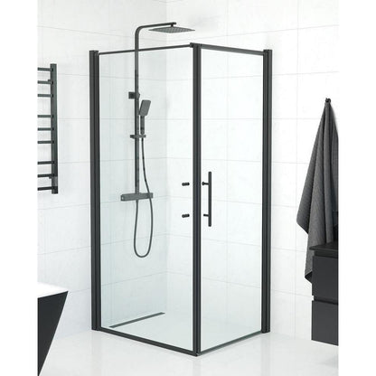 Duschhörna med fast vägg och dörr - 80x80x198 cm - 6 mm klart nanoglas - svart profil - Vänern