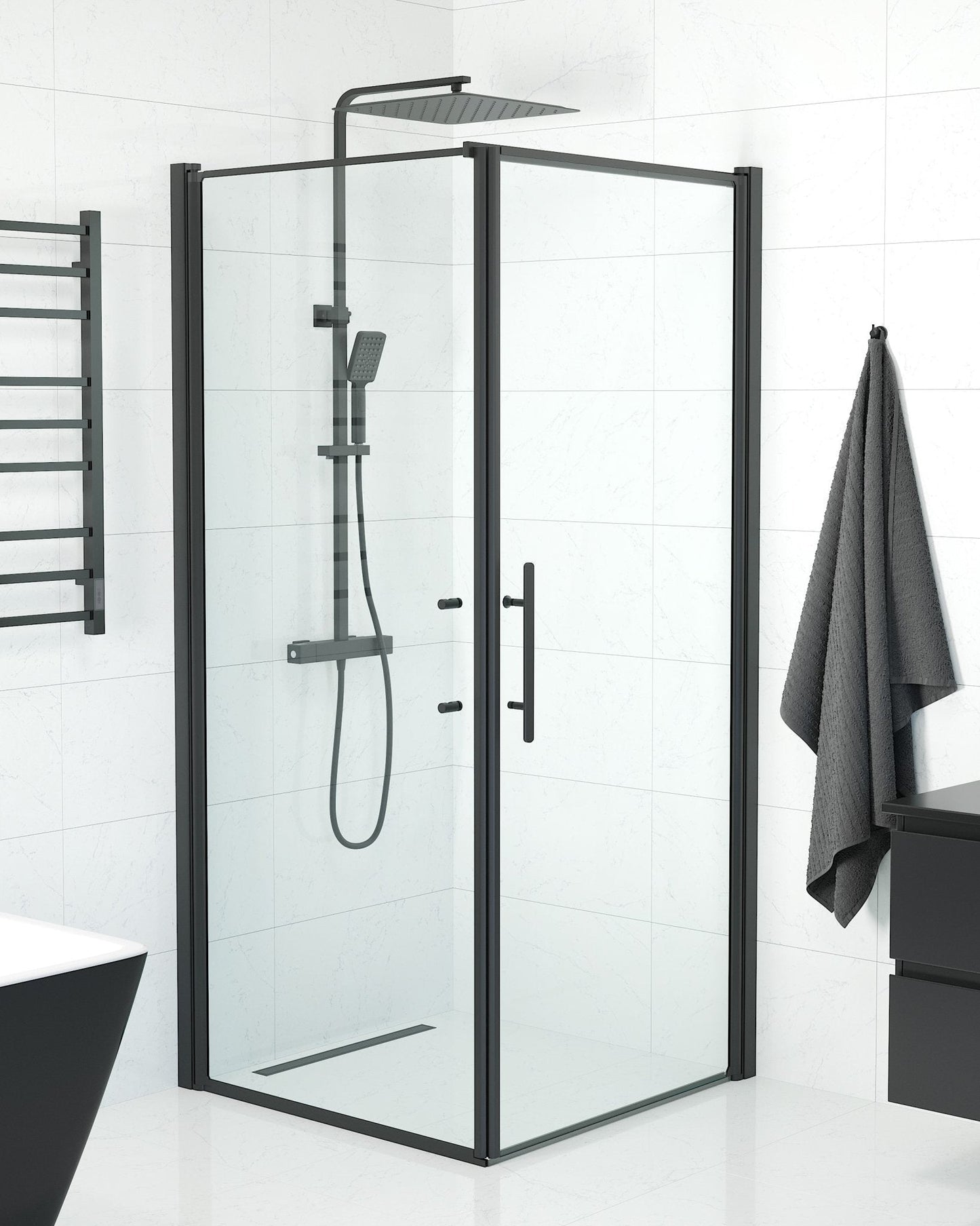 Duschhörna med fast vägg och dörr - 80x80x198 cm - 6 mm klart nanoglas - svart profil - Vänern
