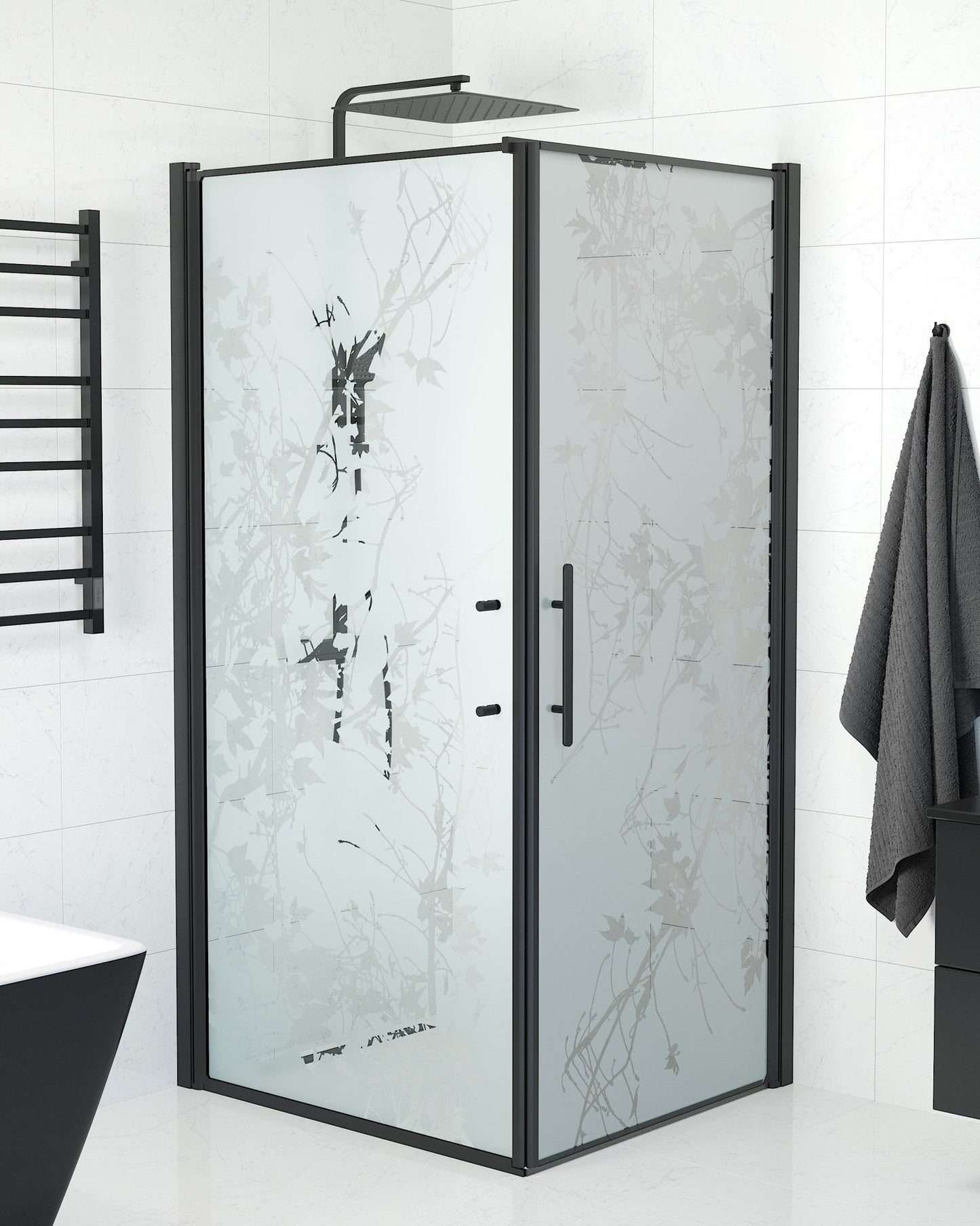 Duschhörna med fast vägg och dörr - 80x80x198 cm - 6 mm frostat dekor nanoglas - svart profil - Vänern