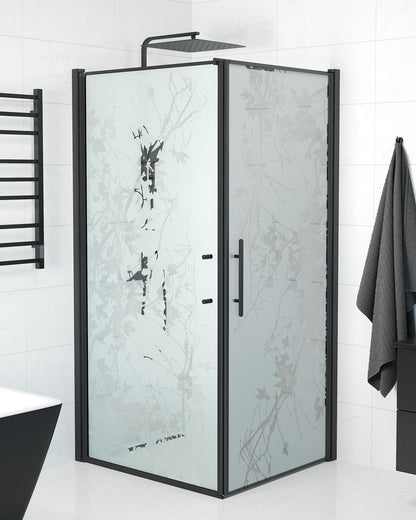 Duschhörna med fast vägg och dörr - 80x80x198 cm - 6 mm frostat dekor nanoglas - svart profil - Vänern