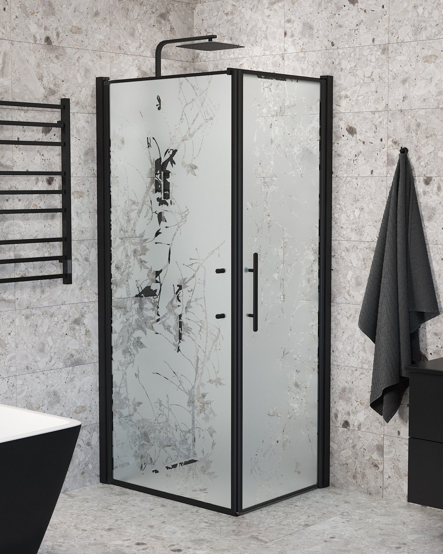 Duschhörna med fast vägg och dörr - 80x80x198 cm - 6 mm frostat dekor nanoglas - svart profil - Vänern