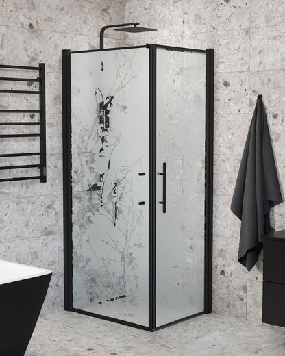 Duschhörna med fast vägg och dörr - 80x80x198 cm - 6 mm frostat dekor nanoglas - svart profil - Vänern