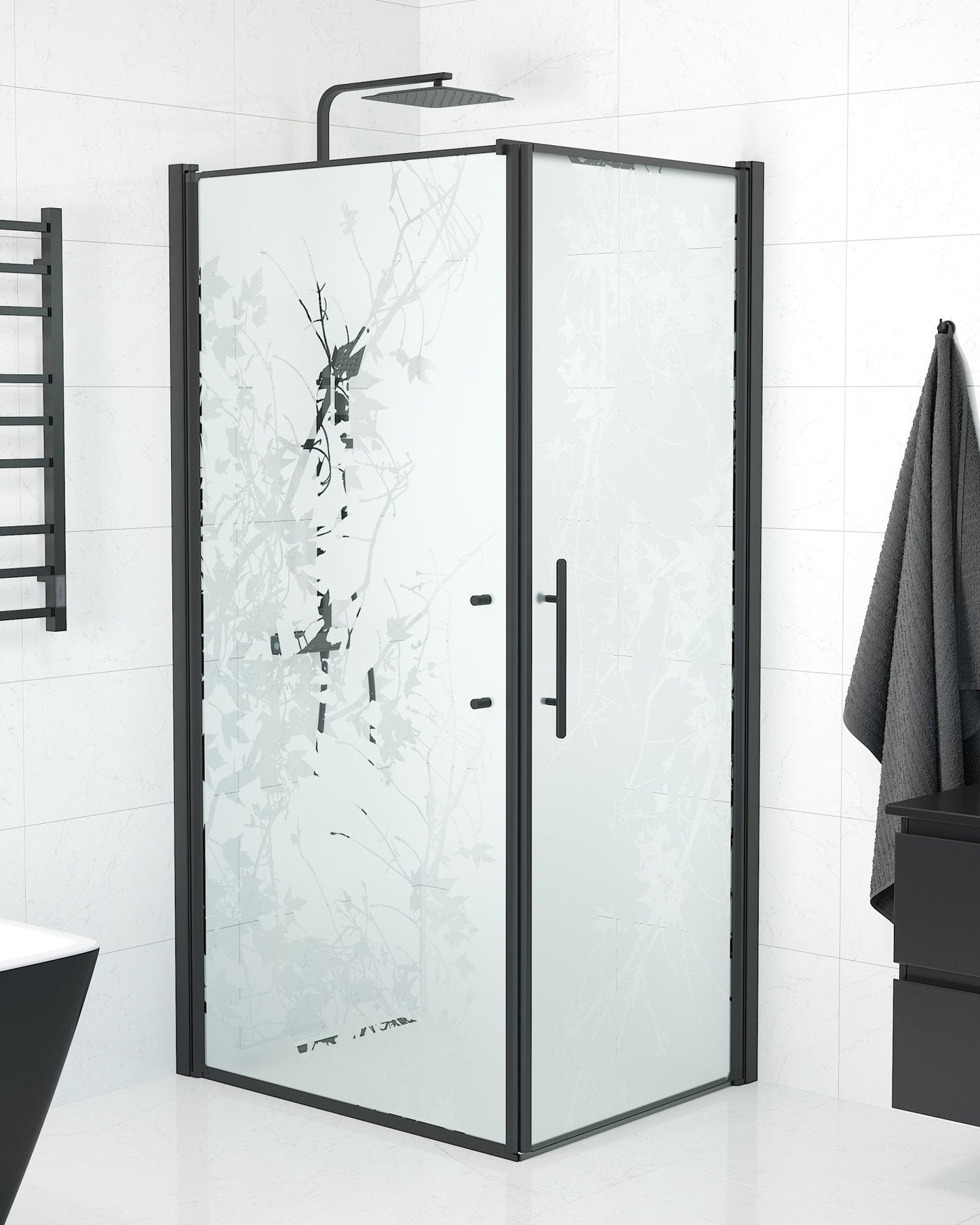 Duschhörna med fast vägg och dörr - 80x80x198 cm - 6 mm frostat dekor nanoglas - svart profil - Vänern