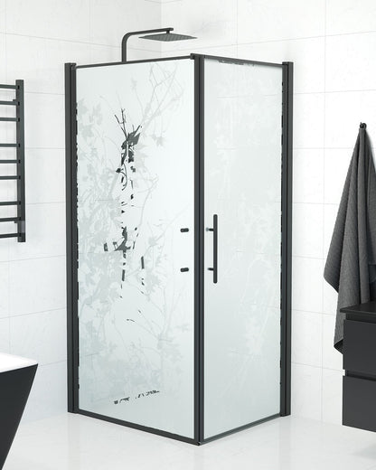 Duschhörna med fast vägg och dörr - 80x80x198 cm - 6 mm frostat dekor nanoglas - svart profil - Vänern