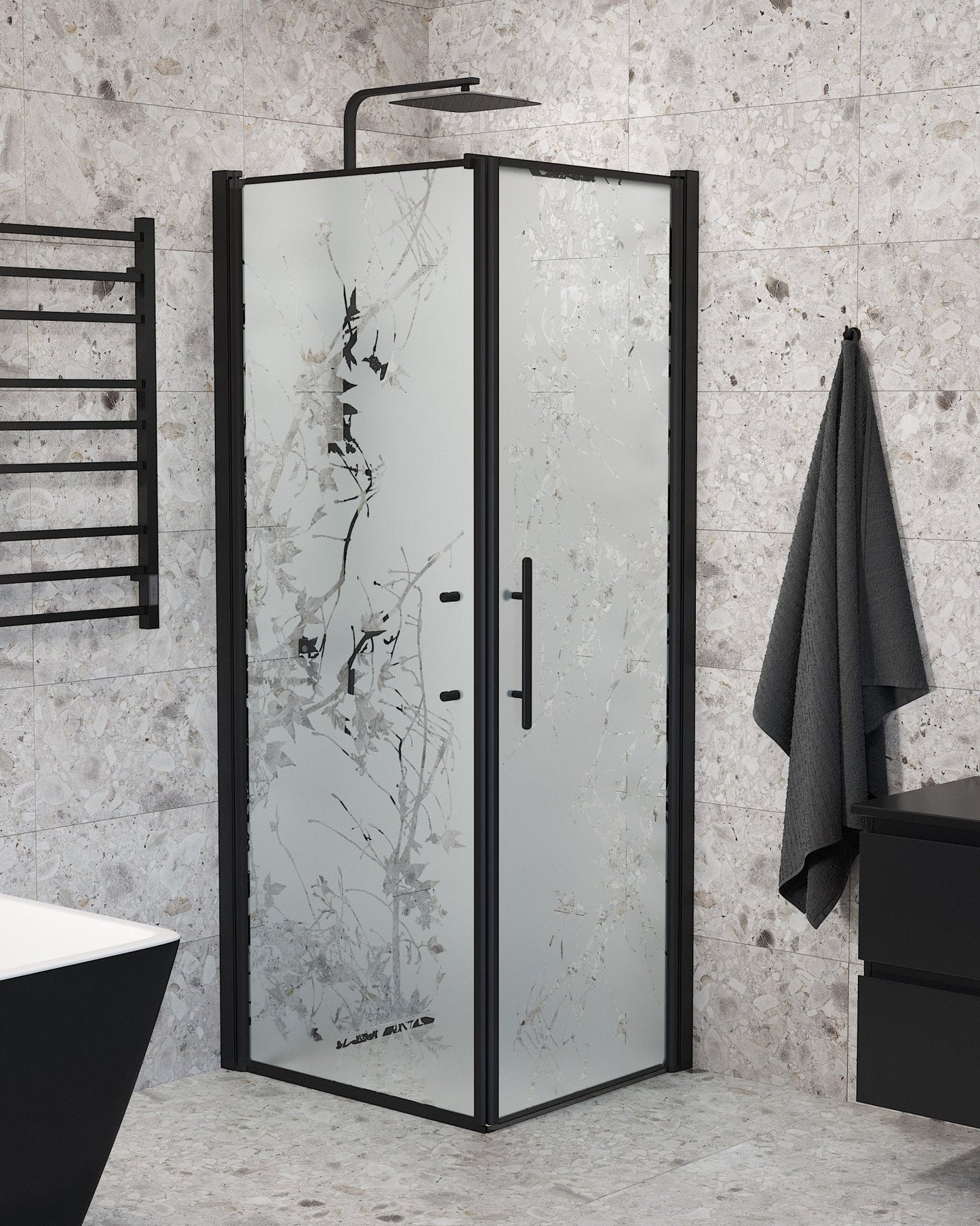 Duschhörna med fast vägg och dörr - 80x80x198 cm - 6 mm frostat dekor nanoglas - svart profil - Vänern