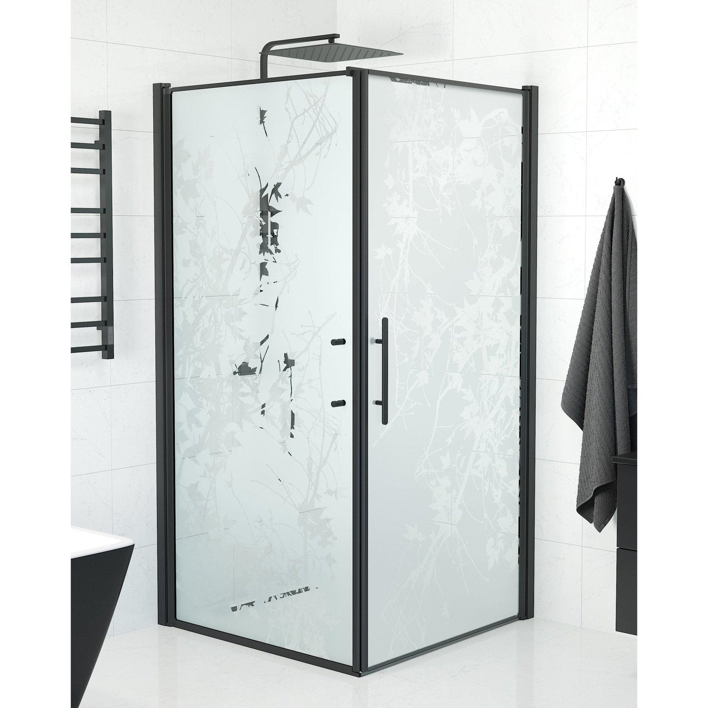 Duschhörna med fast vägg och dörr - 80x80x198 cm - 6 mm frostat dekor nanoglas - svart profil - Vänern