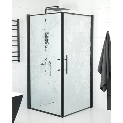 Duschhörna med fast vägg och dörr - 80x80x198 cm - 6 mm frostat dekor nanoglas - svart profil - Vänern