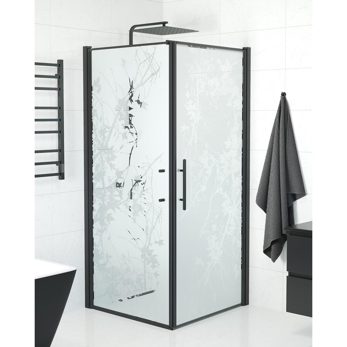 Duschhörna med fast vägg och dörr - 80x80x198 cm - 6 mm frostat dekor nanoglas - svart profil - Vänern