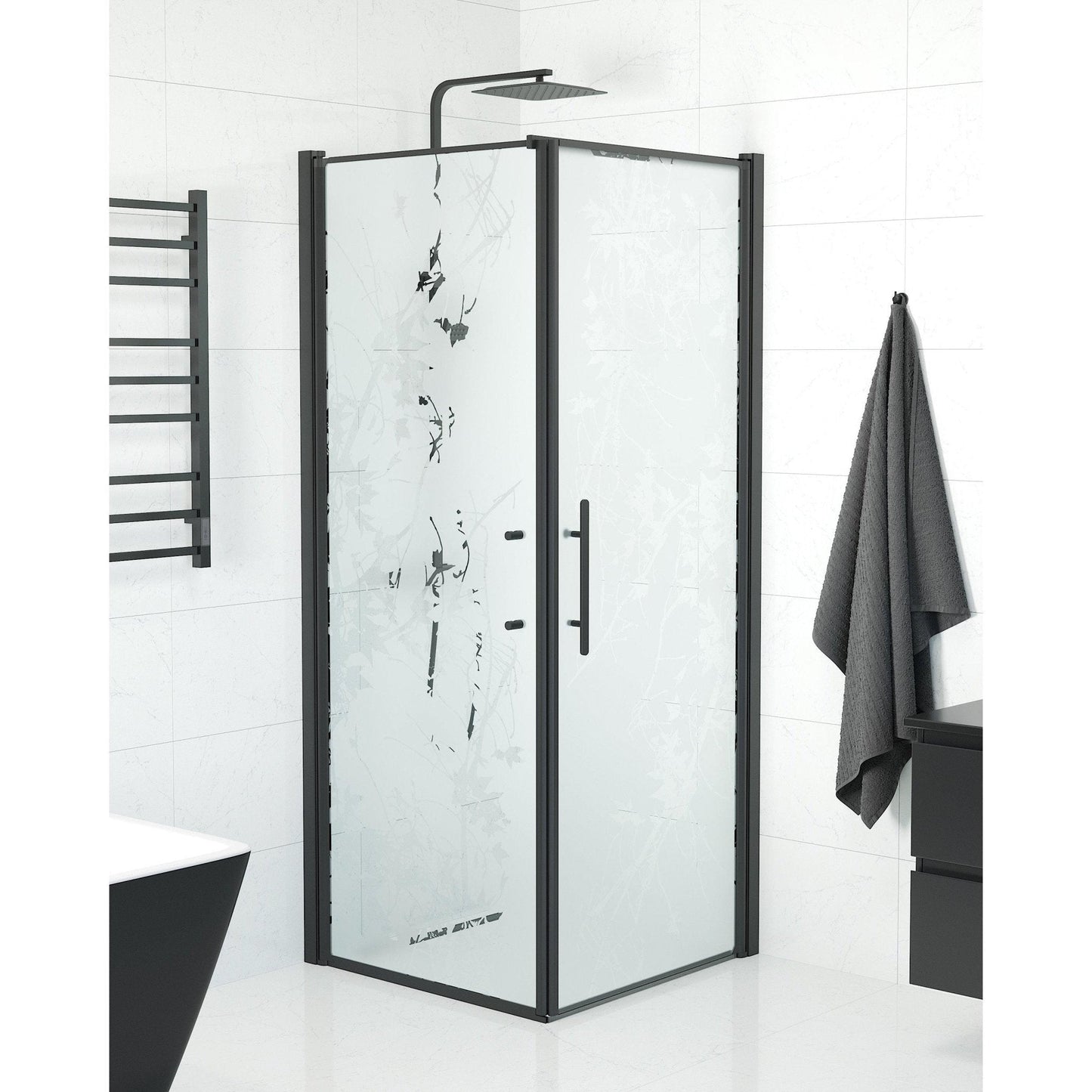 Duschhörna med fast vägg och dörr - 80x80x198 cm - 6 mm frostat dekor nanoglas - svart profil - Vänern