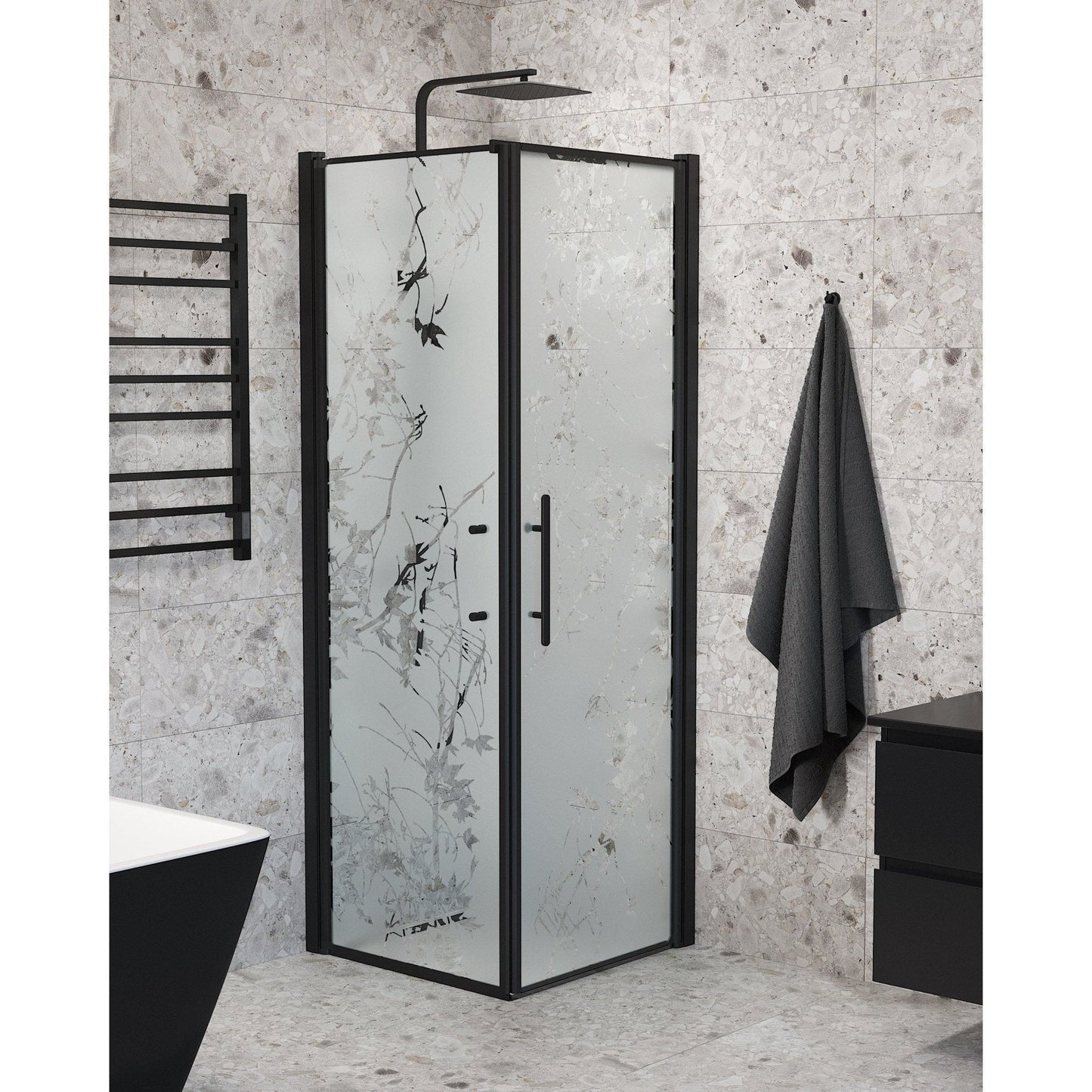 Duschhörna med fast vägg och dörr - 80x80x198 cm - 6 mm frostat dekor nanoglas - svart profil - Vänern