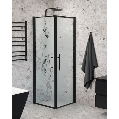 Duschhörna med fast vägg och dörr - 80x80x198 cm - 6 mm frostat dekor nanoglas - svart profil - Vänern