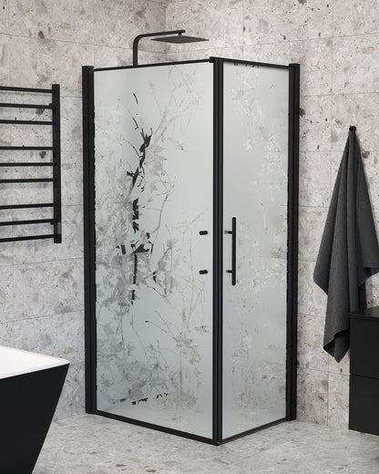 Duschhörna med fast vägg och dörr - 80x80x198 cm - 6 mm frostat dekor nanoglas - svart profil - Vänern