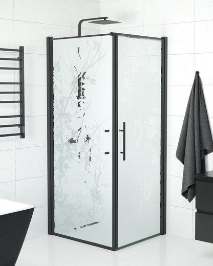 Duschhörna med fast vägg och dörr - 80x80x198 cm - 6 mm frostat dekor nanoglas - svart profil - Vänern