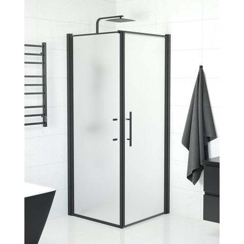 Duschhörna med fast vägg och dörr - 80x80x198 cm - 6 mm frostat nanoglas - svart profil - Vänern