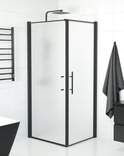 Duschhörna med fast vägg och dörr - 80x80x198 cm - 6 mm frostat nanoglas - svart profil - Vänern