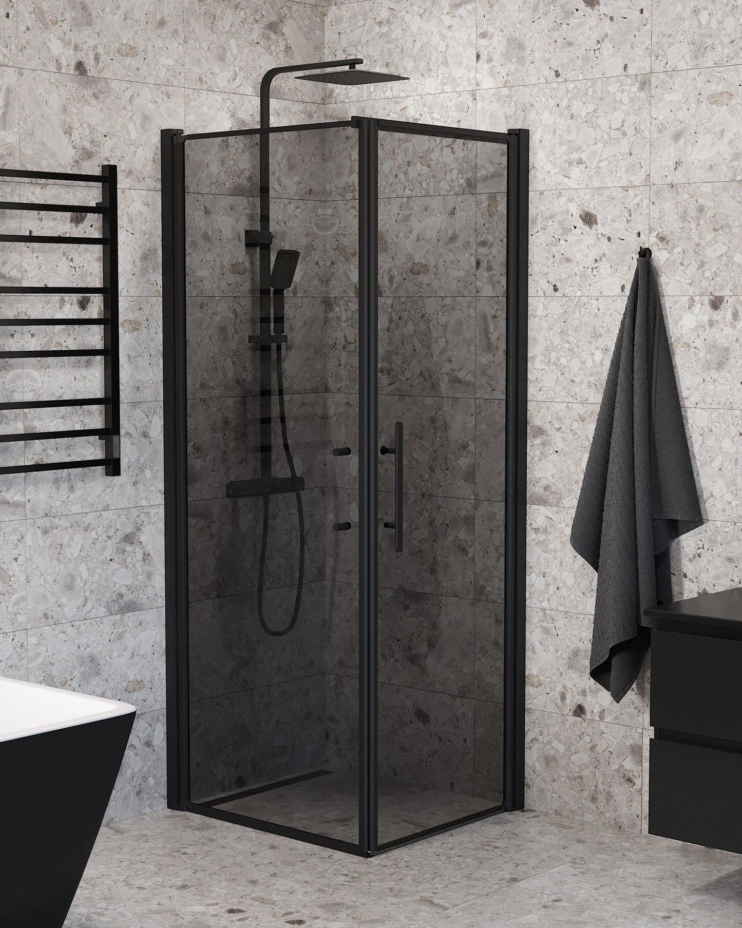 Duschhörna med fast vägg och dörr - 80x80x198 cm - 6 mm rökfärgat nanoglas - svart profil - Vänern
