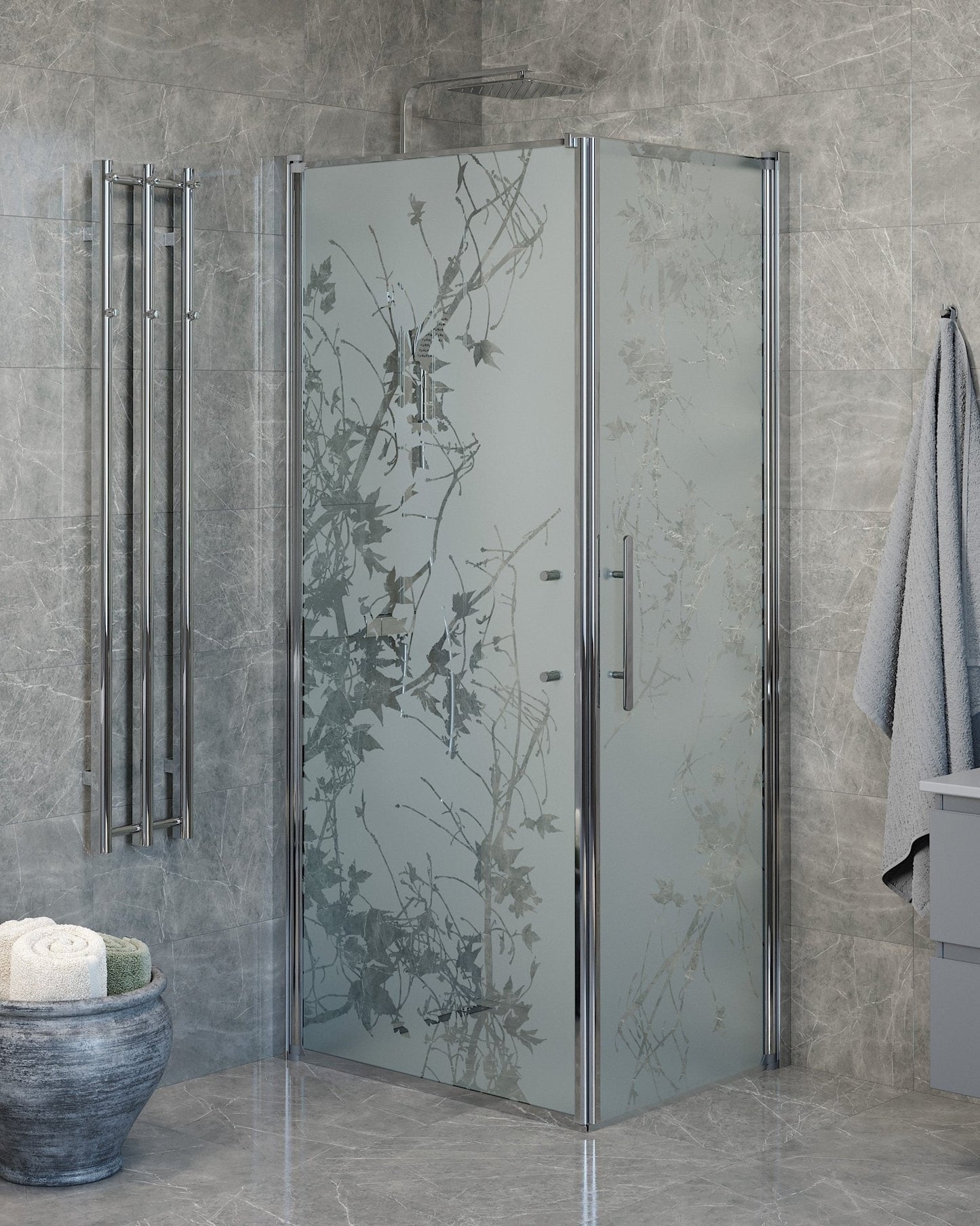 Duschhörna med fast vägg och dörr - 80x80x198 cm - 6 mm frostat dekor nanoglas - kromprofil - Vänern