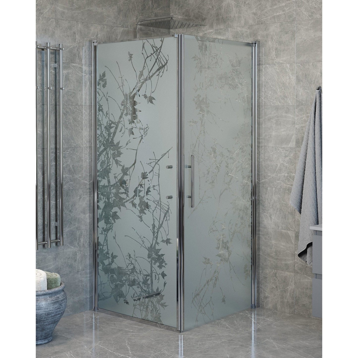 Duschhörna med fast vägg och dörr - 80x80x198 cm - 6 mm frostat dekor nanoglas - kromprofil - Vänern