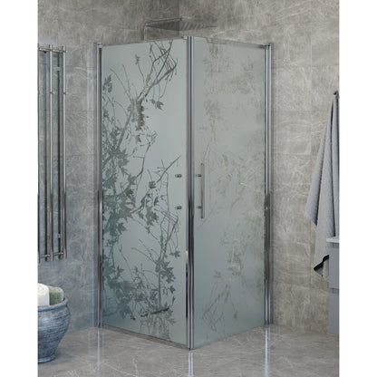 Duschhörna med fast vägg och dörr - 80x80x198 cm - 6 mm frostat dekor nanoglas - kromprofil - Vänern