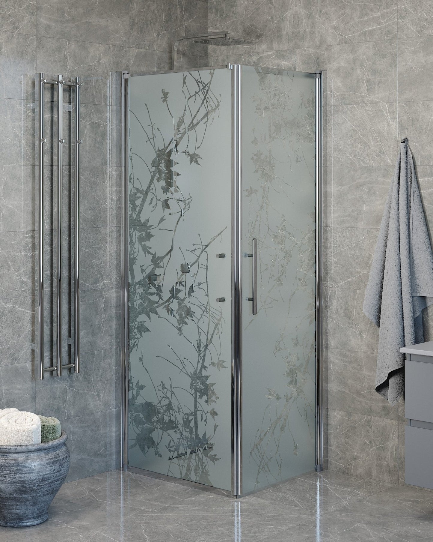Duschhörna med fast vägg och dörr - 80x80x198 cm - 6 mm frostat dekor nanoglas - kromprofil - Vänern