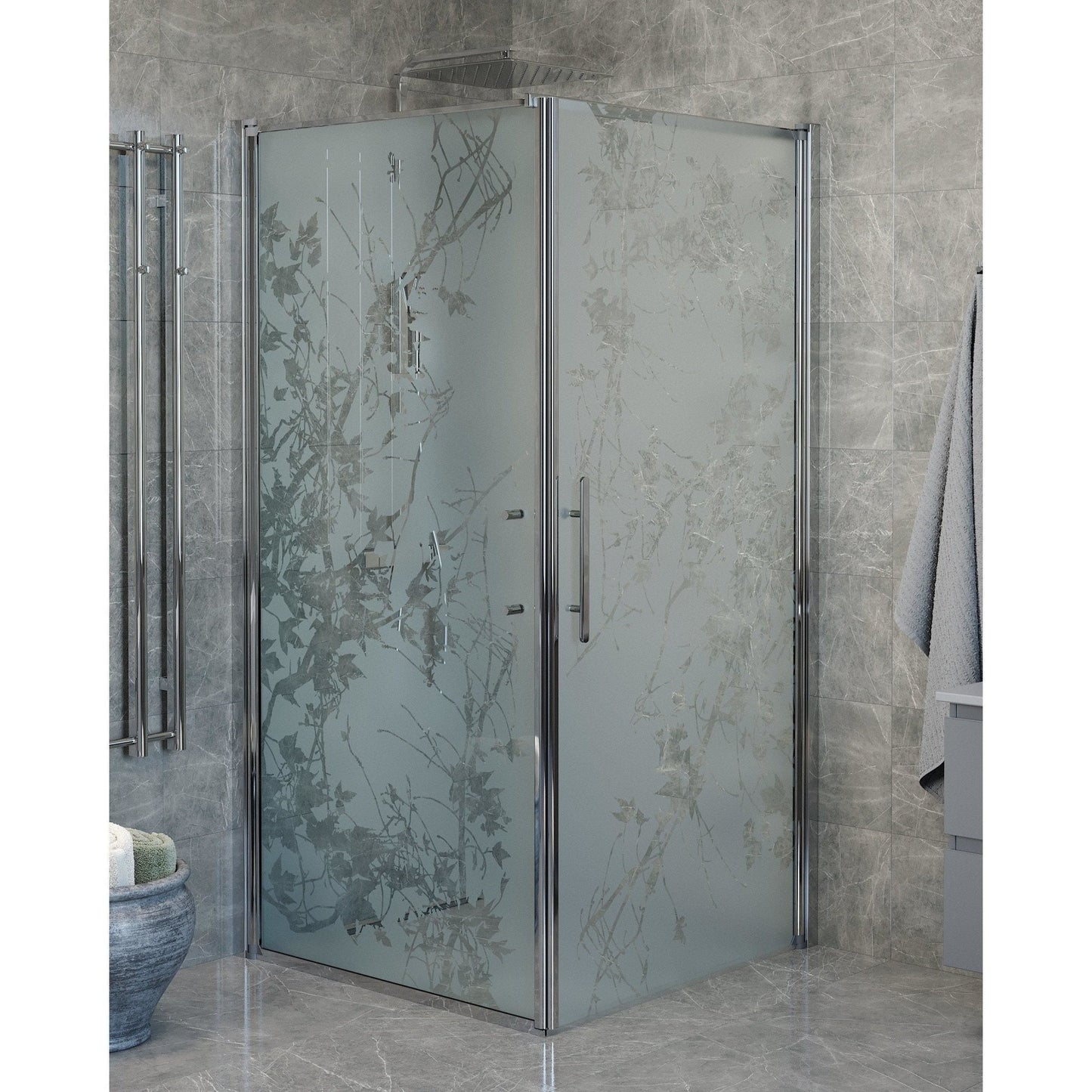 Duschhörna med fast vägg och dörr - 80x80x198 cm - 6 mm frostat dekor nanoglas - kromprofil - Vänern