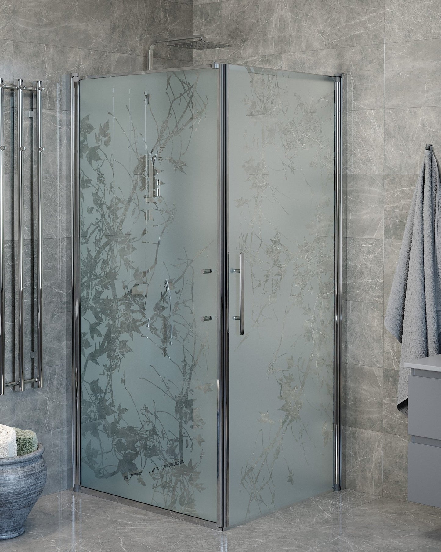 Duschhörna med fast vägg och dörr - 80x80x198 cm - 6 mm frostat dekor nanoglas - kromprofil - Vänern