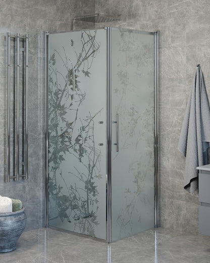 Duschhörna med fast vägg och dörr - 80x80x198 cm - 6 mm frostat dekor nanoglas - kromprofil - Vänern