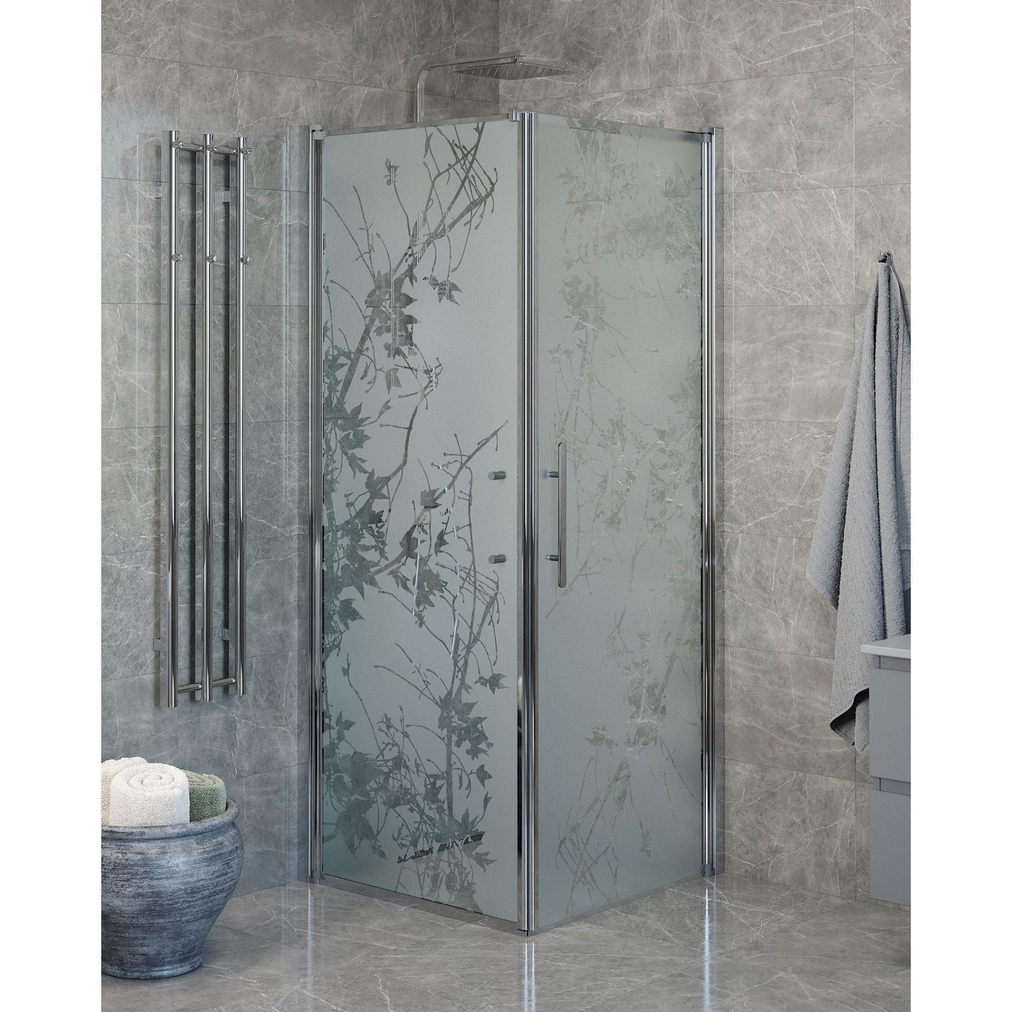Duschhörna med fast vägg och dörr - 80x80x198 cm - 6 mm frostat dekor nanoglas - kromprofil - Vänern