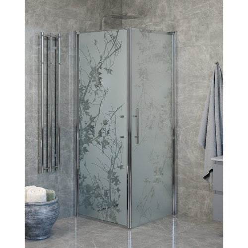 Duschhörna med fast vägg och dörr - 80x80x198 cm - 6 mm frostat dekor nanoglas - kromprofil - Vänern