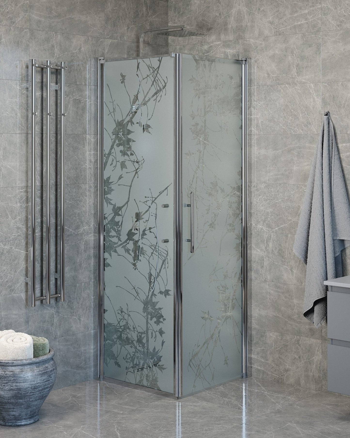 Duschhörna med fast vägg och dörr - 80x80x198 cm - 6 mm frostat dekor nanoglas - kromprofil - Vänern