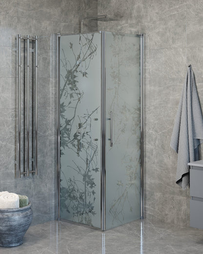 Duschhörna med fast vägg och dörr - 80x80x198 cm - 6 mm frostat dekor nanoglas - kromprofil - Vänern