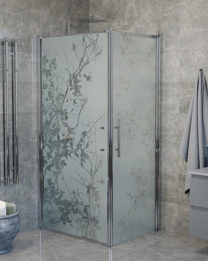 Duschhörna med fast vägg och dörr - 80x80x198 cm - 6 mm frostat dekor nanoglas - kromprofil - Vänern