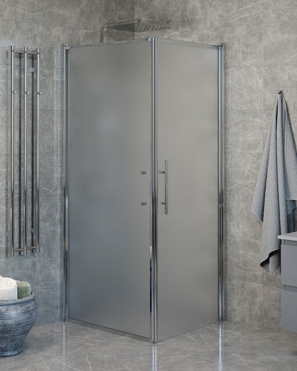 Duschhörna med fast vägg och dörr - 80x80x198 cm - 6 mm frostat nanoglas - kromprofil - Vänern