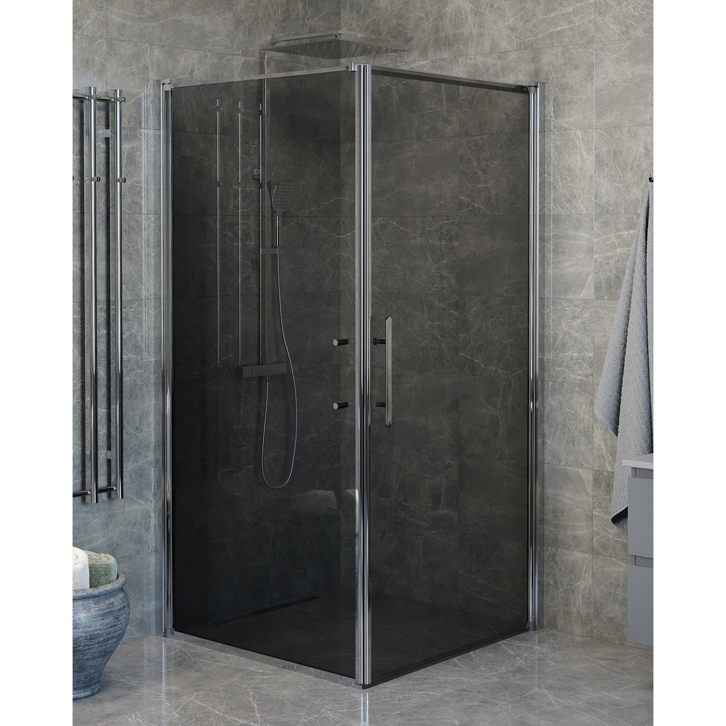 Duschhörna med fast vägg och dörr - 80x80x198 cm - 6 mm rökfärgat nanoglas - kromprofil - Vänern