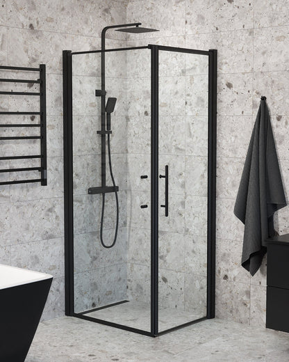 Duschhörna med fast vägg och dörr - 90x80x198 cm - 6 mm klart nanoglas - svart profil - Vänern
