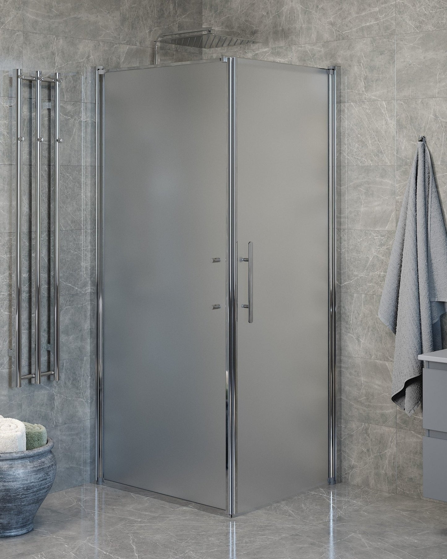 Duschhörna med fast vägg och dörr - 90x80x198 cm - 6 mm frostat nanoglas - kromprofil - Vänern