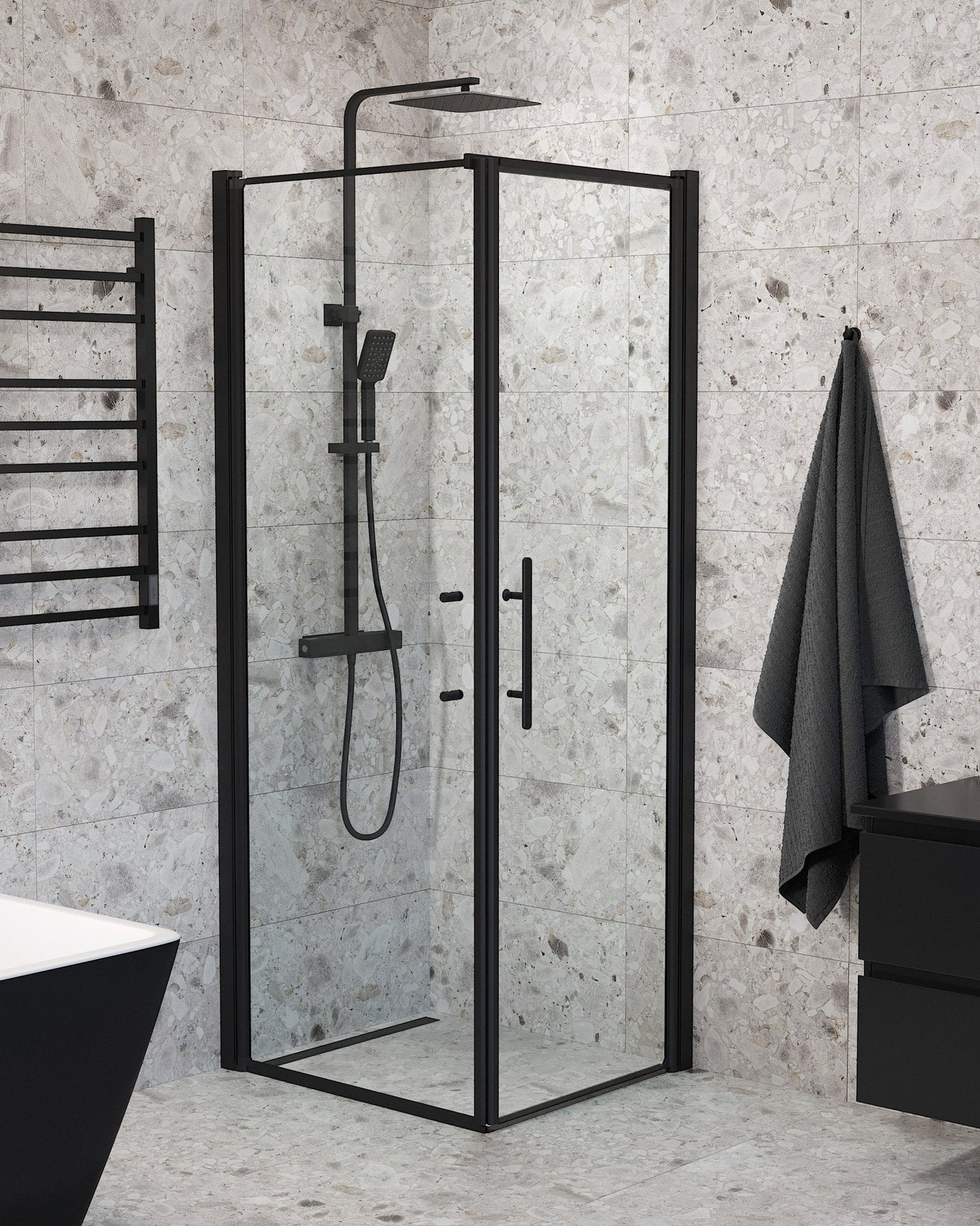 Duschhörna med fast vägg och dörr - 100x80x198 cm - 6 mm klart nanoglas - svart profil - Vänern