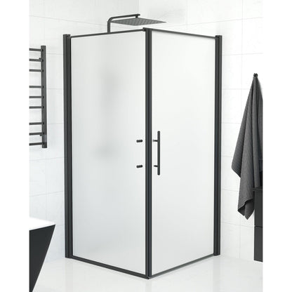 Duschhörna med fast vägg och dörr - 90x90x198 cm - 6 mm frostat nanoglas - svart profil - Vänern